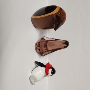 Penguin Figurine Set Of 3 - Wood, Glass, Ceramic